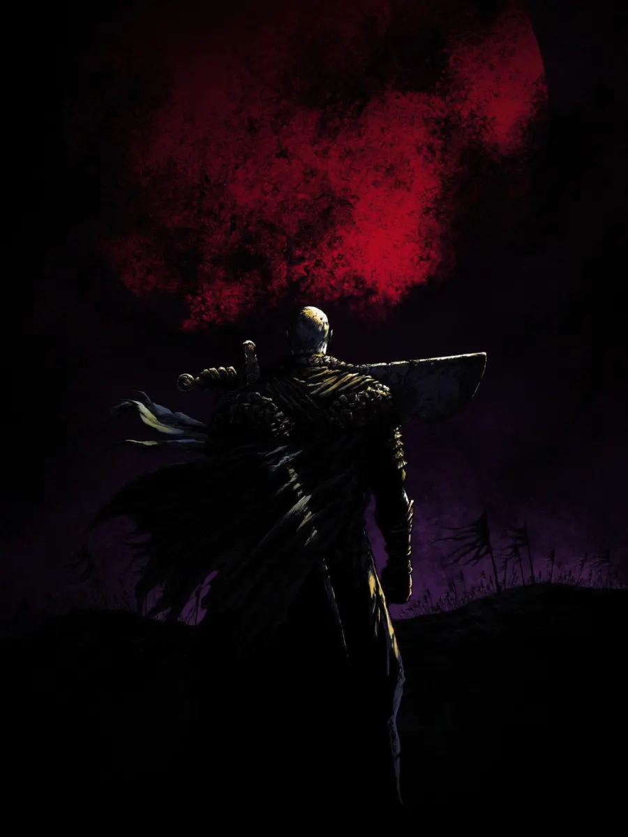A swordsman carrying a colossal greatsword beneath a crimson eclipse
