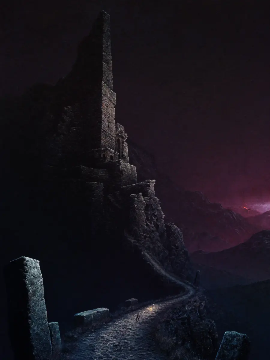 A ruined citadel on a mountainside above mist-filled valleys