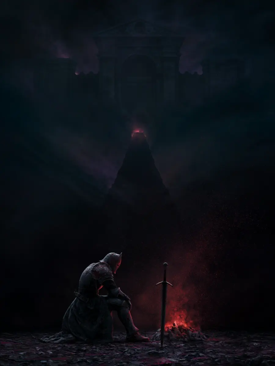 A lone knight resting at a bonfire before a colossal fog-shrouded gate